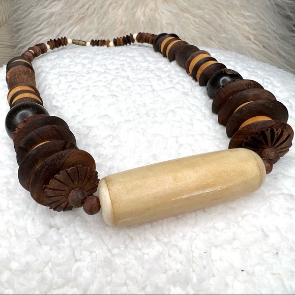 Wooden Beaded Necklace Boho Tribal Bohemian Statement Boho Wood 10 Inches - Picture 5 of 14